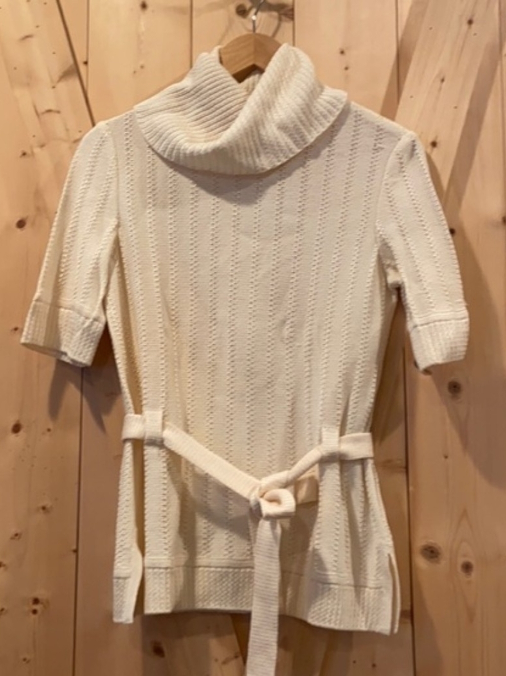 St John Cream Short-Sleeve Turtleneck Sweater with Waist Tie